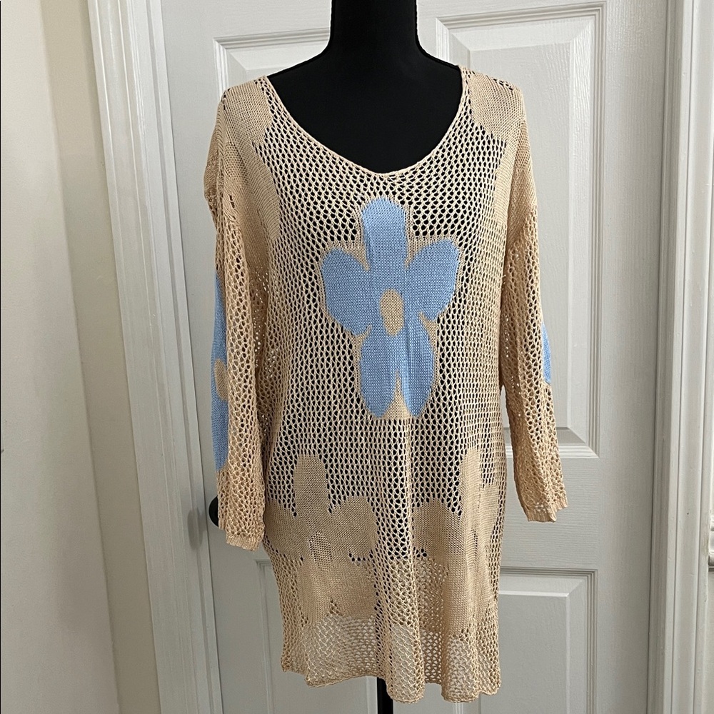 Amazon Beige and Blue Floral Knit Sweater